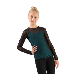 IceDress - Figure Skating Two-Layer Top : Mesh Long Sleeve With Cami Top (Black And Turquoise)