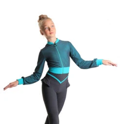 Icedress - Thermal Figure Skating Outfit "Trio" - Cropped Jacket/ Top/ High-Waisted Legging (Grey And Mint)