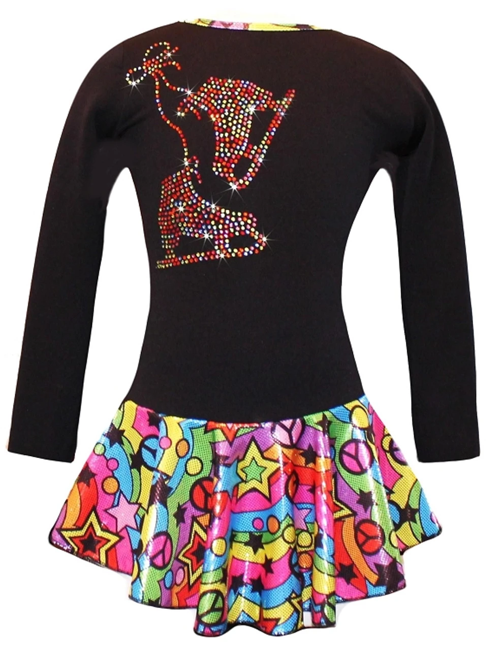 Black "Peace & Stars" Ice Skating Dress With Rainbow Mix "Pair Of Skates" Rhinestone Applique 4 Black "Peace & Stars" Ice Skating Dress With Rainbow Mix "Pair Of Skates" Rhinestone Applique - Image 2