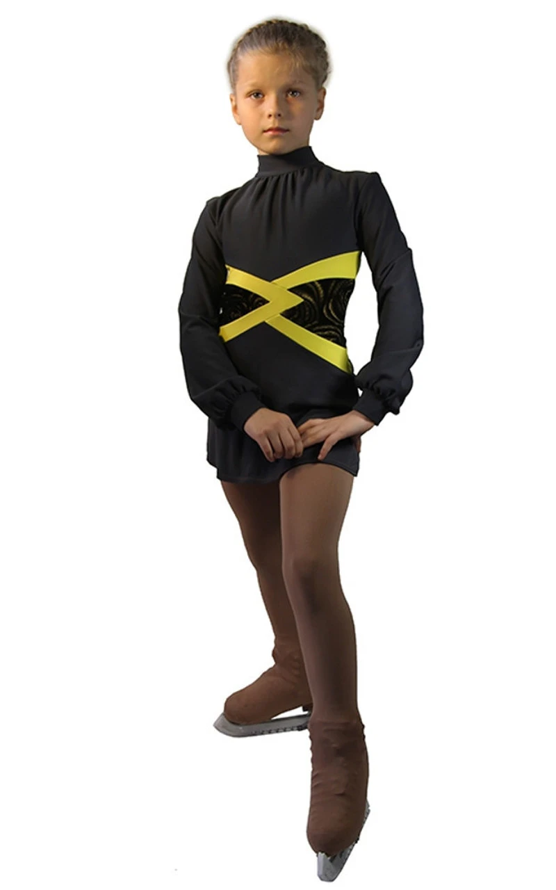 IceDress Figure Skating Dress-Thermal - Jackson (Dark Grey With Yellow Belt) 4 IceDress Figure Skating Dress-Thermal - Jackson (Dark Grey With Yellow Belt) - Image 2