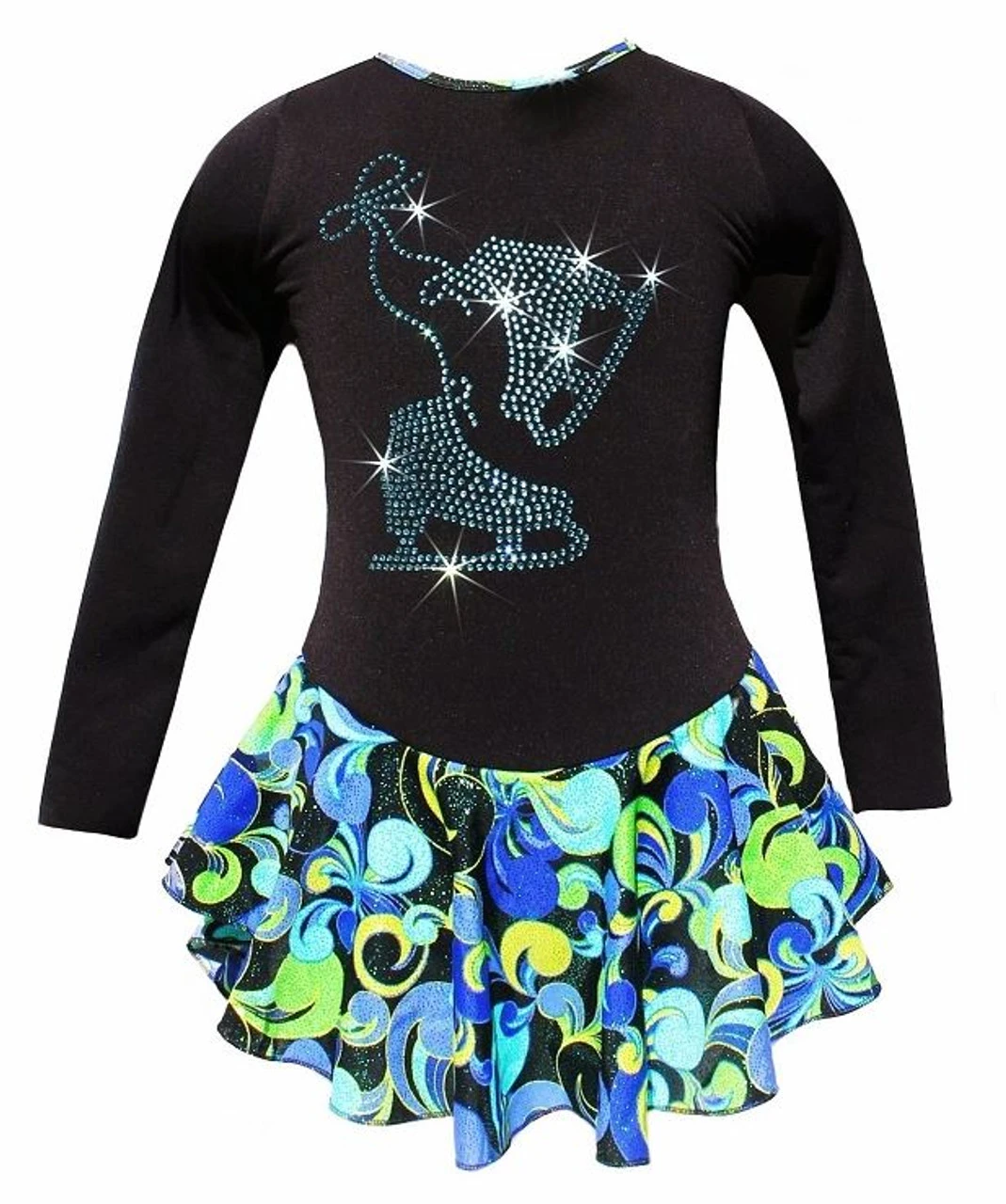 Fantasy Ice Skating Dress With "Pair Of Skates" Rhinestones Design (Blue/Green) 3 Fantasy Ice Skating Dress With "Pair Of Skates" Rhinestones Design (Blue/Green)