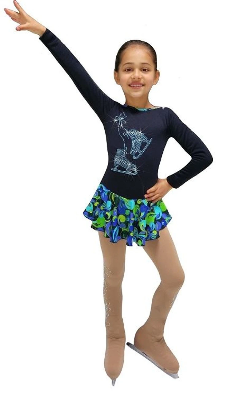 Fantasy Ice Skating Dress With "Pair Of Skates" Rhinestones Design (Blue/Green) 4 Fantasy Ice Skating Dress With "Pair Of Skates" Rhinestones Design (Blue/Green) - Image 2