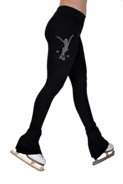 ChloeNoel P622F All Black 3" Waist Band Light Weight Fleece Figure Skating Pants W/ Mini Jump Skater Crystals Combination