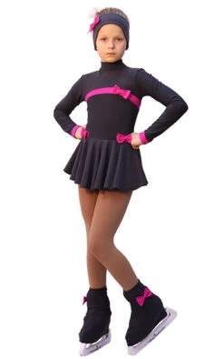 IceDress Figure Skating Dress - Thermal - Bows (Dark Grey And Fuchsia)