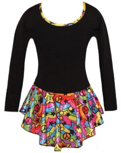 Black "Peace & Stars" Ice Skating Dress With Rainbow Mix "Pair Of Skates" Rhinestone Applique