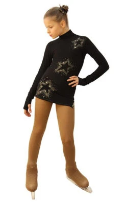 IceDress Figure Skating Dress - Thermal - Super Star (Black With Gold Rhinestones)