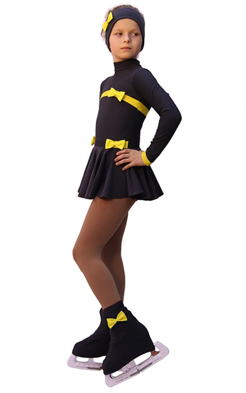 IceDress Figure Skating Dress - Thermal - Bows (Dark Grey And Yellow) 3 IceDress Figure Skating Dress - Thermal - Bows (Dark Grey And Yellow)
