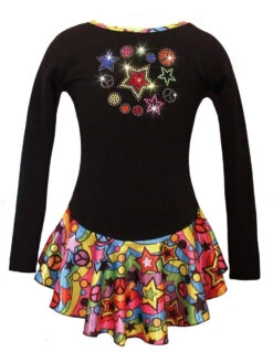 Black "Peace & Stars" Ice Skating Dress With "Peace & Stars" Rhinestone Applique